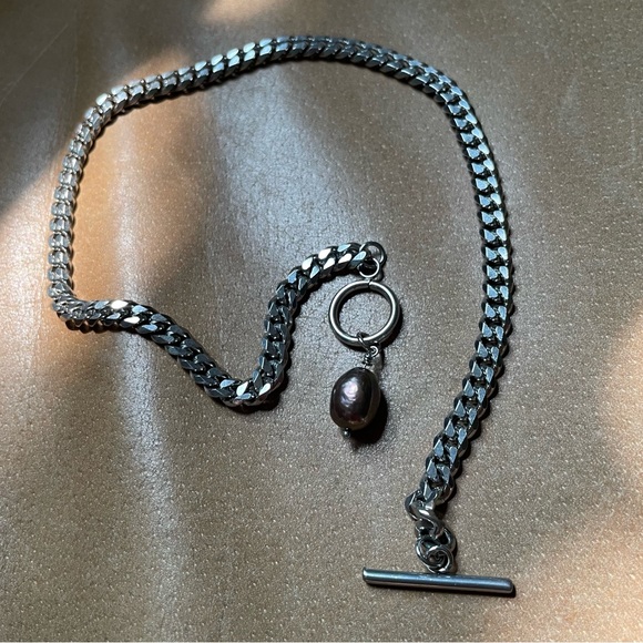 Blue freshwater pearl silver curb chain toggle clasp necklace choker stainless - Picture 6 of 8